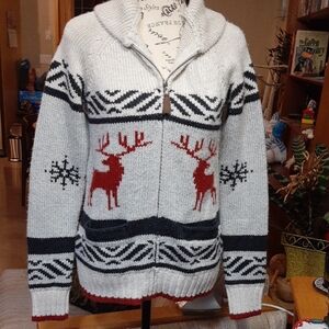 Cozy Reindeer Patterned Cardigan - Cream, Black And Red